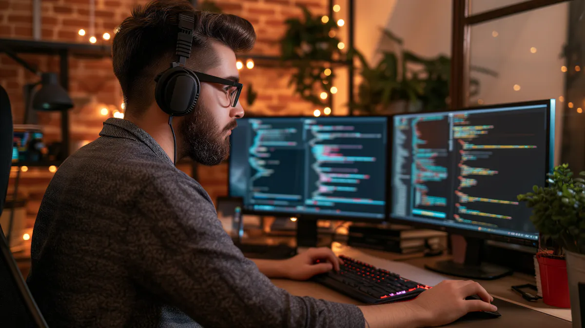 Man learning coding skills