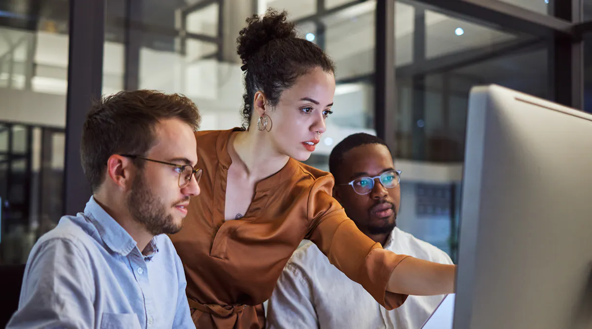 Woman pointing to screen